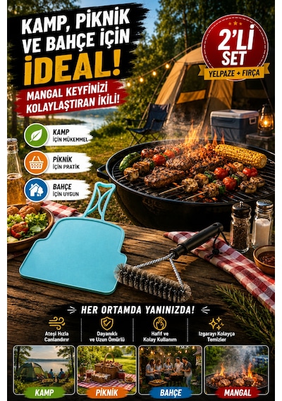 2'li Set Mangal Yelpazesi Ve Izgara Temizlik Fırçası Kamp Piknik Barbekü Mangal Aksesuarı Pratik