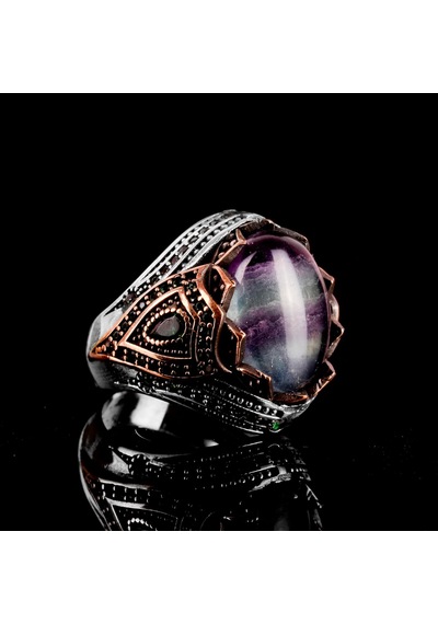 Gerçek Doğal Taş El Yapımı Yüzük - 925 Ayar Gümüş Şık Yüzük Fluorite Gümüş