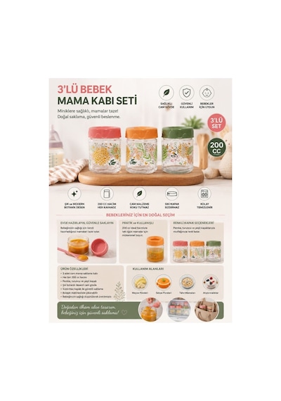 3'lü Bebek Cam Mama Kabı Seti, Sızdırmaz Conta Kapaklı Cam Mama Yoğurt Gıda Kavanozu 3x200ml