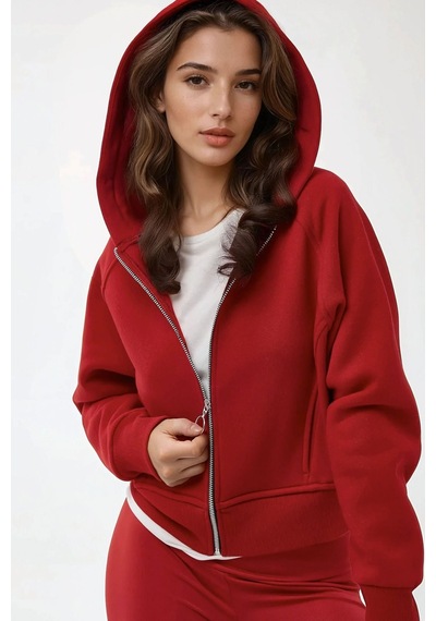 Hiccup Rahat Kesim Kapüşonlu Fermuarlı Hoodie Kırmızı