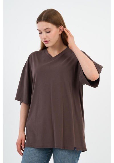 V Yaka Oversize T-shirt E24-742a-wn Kahverengi