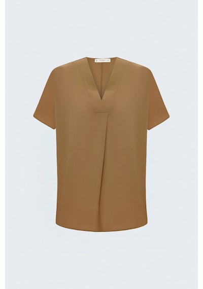 Sateen Geniş Kısa Kollu Bluz - Camel-137796