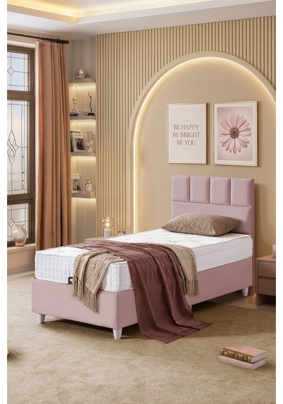 Baza Seti, Monaco Tek Kişilik Baza Başlık Maxi Yatak Seti, Pembe - 100x200 Cm 100 x 200