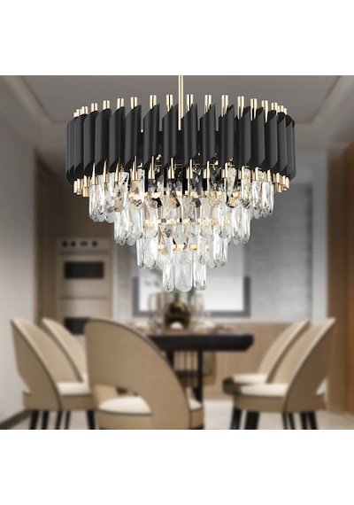 Mikula 45'lik Yuvarlak Gold Kristal Taşlı Modern Oturma Odası Salon Sarkıt Avize Siyah