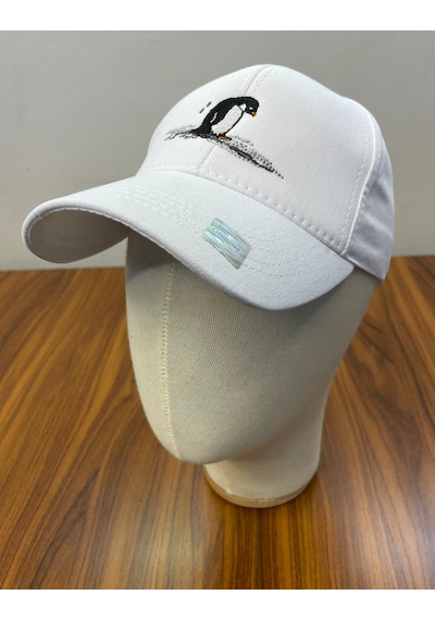 Penguen Nakışlı Gabardin Kumaş Unisex Cap Şapka Beyaz