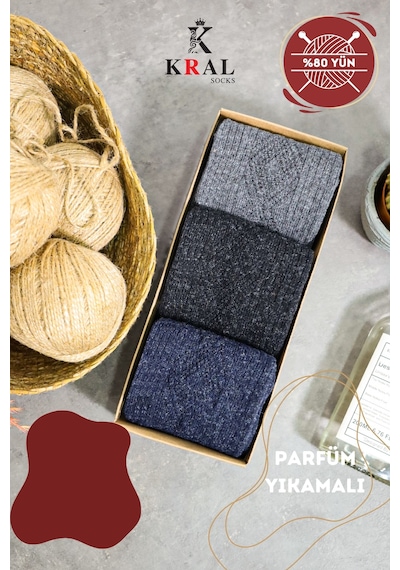 Kral Socks Erkek Koyun Yünlü Lambswool Kışlık 3'lü Kutulu Dikişsiz Çorap Asorti