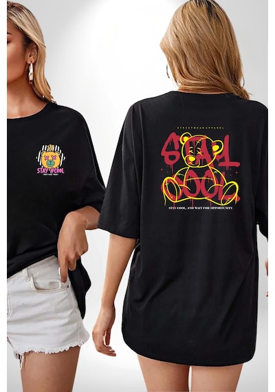 Game Oyun Alanı Siyah Oversize Unisex Ön Ve Sırt Baskılı Tişört Siyah