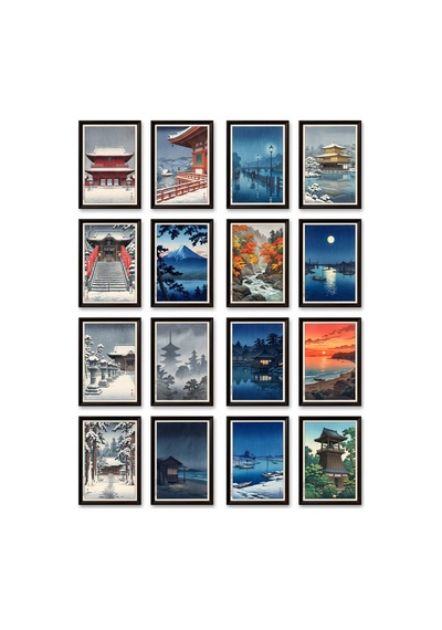 Kawase Hasui Tabloları 16'lı Sticker Seti Laptop Defter Ajanda Etiketi Çok Renkli