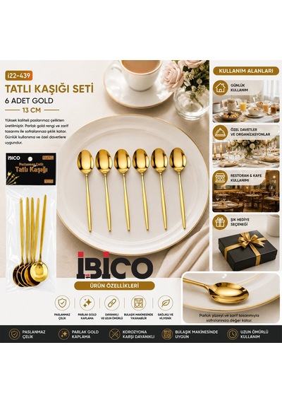 İbico İ22-439 Tatlı Kaşık Seti 13cm 6 Adet Gold - 10'li Paket Diğer