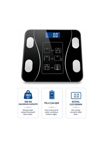 180 Kg Akıllı Dijital Baskül Bluetooth Bağlantılı Vücut Analiz Tartısı Mobil Uygulama Destekli A+ Kalite Siyah