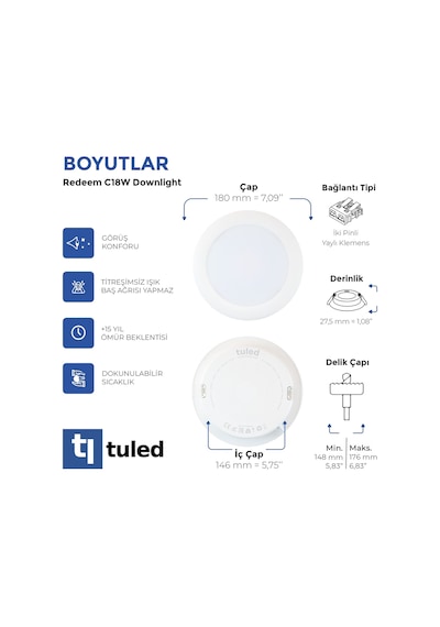 Redeem C18W Downlight, Titreşimsiz, Göz Konforu, 1607 Lümen, Tatlı Beyaz, 3500 Kelvin Beyaz