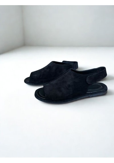 Ne&ve Shoes Siyah Süet Hakiki Deri Cırtlı Kadın Günlük Sandalet