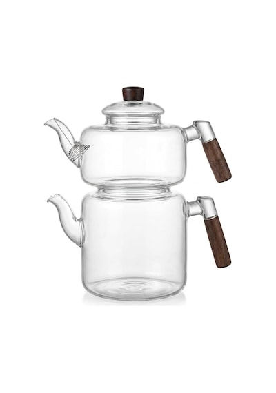 Akasya Cam Çaydanlık Takımı 1800 Ml + 950 Ml - Ahşap Kulplu Isıya Dayanıklı Borosilikat Şeffaf Çaydanlık çok renkli