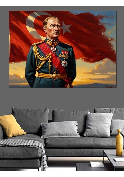 Türk Bayrağı Önünde Atatürk Portresi 3 Dekoratif Kanvas - Mdf Ahşap Tablo