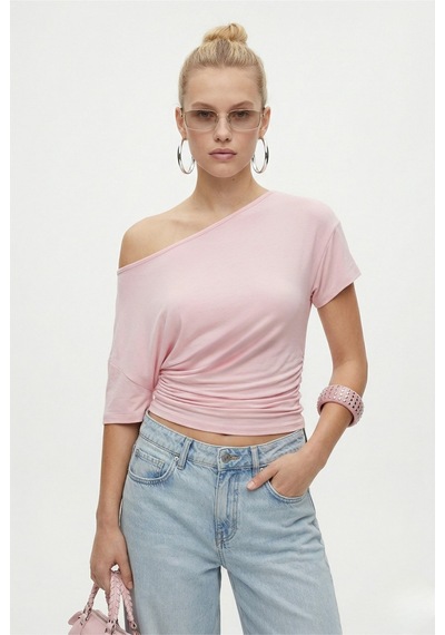 Ritnice Kadın Lona Bele Oturan Yan Büzgülü Pembe Örme Bluz