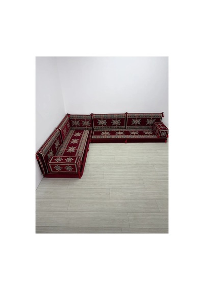 Yıldız Modeli Bordo Otantik Şark Köşesi Takımı L Set - Geleneksel Yer Minderi Seti 10 Cm Minder Kalınlığı 9 Parça