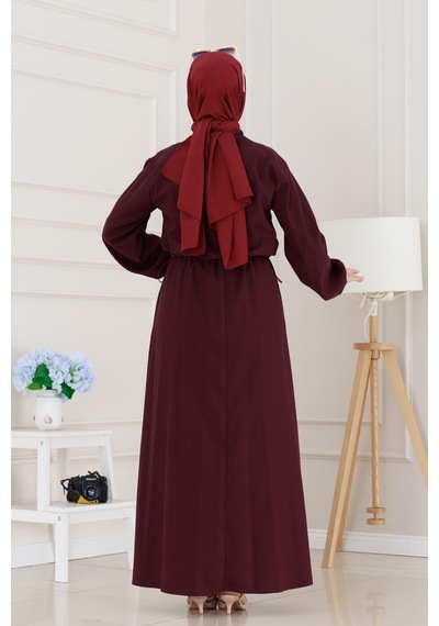 Sevitli Fermuarlı Cepkenli Jile Elbise-bordo-5121