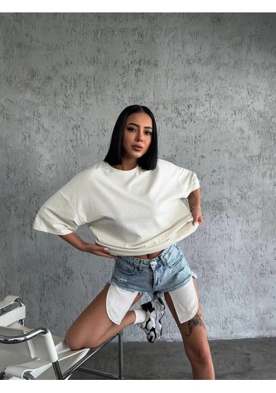 Kadın Düz T-shirt Kısa Kol Bisiklet Yaka Ovarsize Rahat Kalıp Günlük Tişört - Beyaz Beyaz