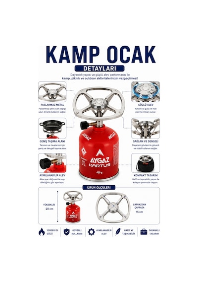Kamp Ocağı Seti Taşınabilir Ayarlanabilir Alevli Paslanmaz Çelik 450 Gr Kartuşlu Gri-kırmızı
