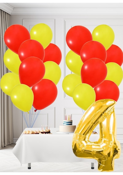 4 Yaş Sarı Kırmızı Taraftar Temalı Doğum Günü Seti Sarı Kırmızı Balonlar Altın Folyo Rakam Sarı