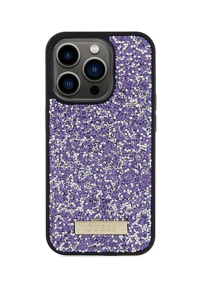 Apple Uyumlu iPhone 15 Pro Kılıf Guess Lisanslı Taşlı Arka Yüzey Metal Yazı Logolu Kapak Siyah