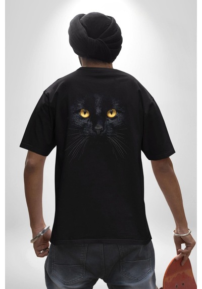 Siyah Kedi Pamuklu Unisex Oversize Sırt Dijital Baskılı Siyah T-shirt Siyah