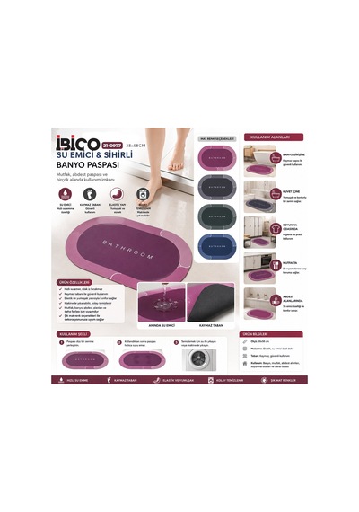 İbico İ21-007 Oval Mat Renkler Su Emici Sihirli Banyo Paspası 38x58cm Diğer