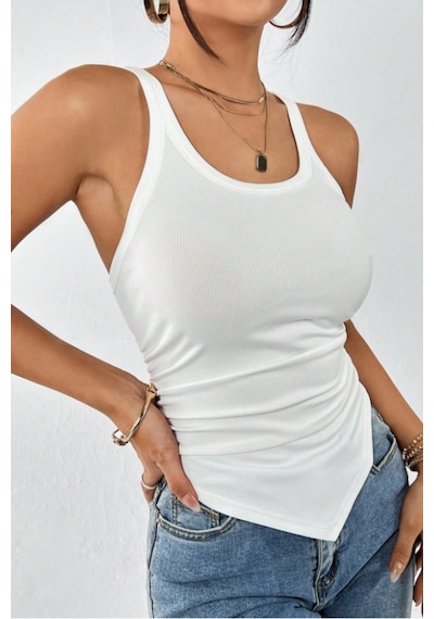 Cool Tarz Kadın Fitilli Atlet Slim Fit Kaşkorse Basic Yazlık Askılı Bluz Beyaz
