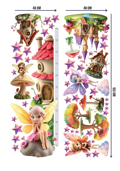 Minik Periler Temalı Boy Ölçerli Çocuk Odası Duvar Sticker Seti - Mat, Sökülebilir, Çocuk Odası Dekoru 01