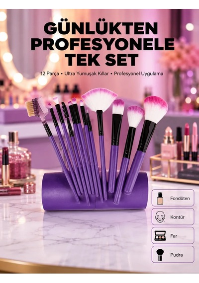 Fondöten, Allık Ve Far Uygulamalarına Uygun 12 Parça Makyaj Fırça Takımı Ergonomik Saplı 00454588
