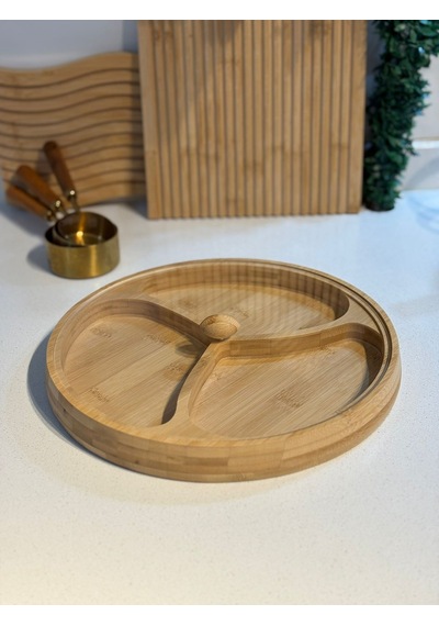 Qerhome 3 Bölmeli Akrilik Kapaklı Bambu Çerezlik & Kahvaltılık 28 Cm Alg Bambu