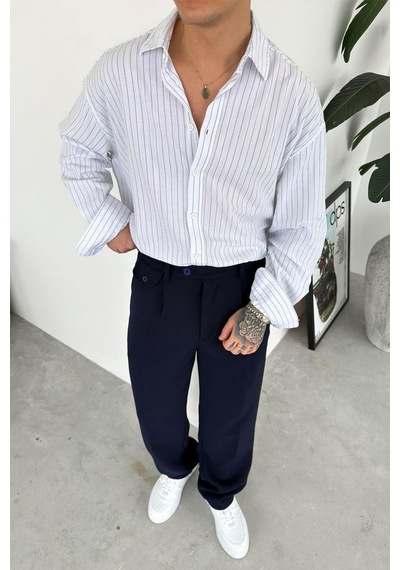 Beyaz Çizgili Oversize Keten Gömlek Beyaz