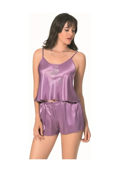 Linabloom Kadın Lila Saten Babydoll Şort Takımı