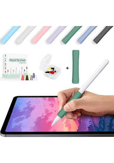 Apple Pencil 1-2 Nesil Pro Usb-c Uyumlu Soft Yumuşak Silikon Kalem Tutucu Ve 8'li Kalem Ucu Koruyucu Haki