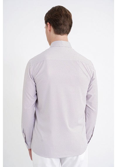 Slim Fit Yaka Düğmeli Baskılı Pamuklu Beyaz Gömlek G 1605