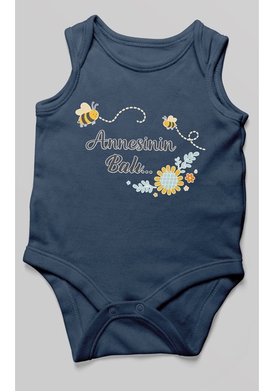 Morivokids Annesinin Balı Sıfır Kollu Bebek Body %100 Pamuk Lacivert