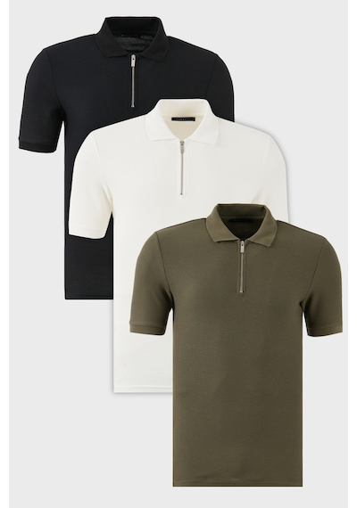 Buratti Pamuklu Regular Fit Yarım Fermuarlı 3'Lü Paket Erkek Polo Yaka T Shirt 5902434S3 Siyah-Ekru-Haki