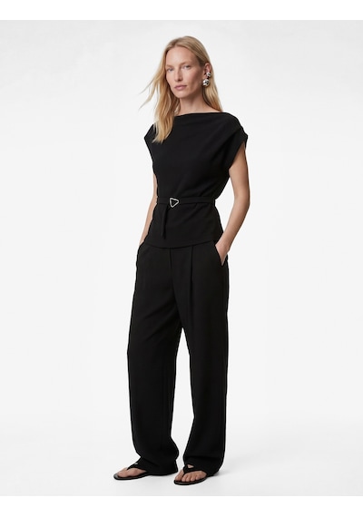 Koton Scuba Kumaş Slim Fit Kemerli Omzu Açık Kayık Yaka Kolsuz Bluz Siyah 6sak70006uk