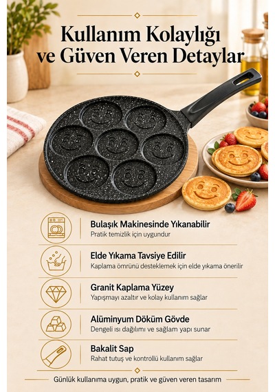 Kochler Gülen Yüz 7 Bölmeli 27 Cm Granit Kaplama Alüminyum Döküm Pankek Tavası Siyah