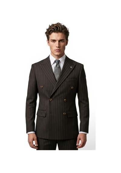 Hermose Sartorial Espresso Kahve Çizgili Kruvaze Takım Elbise Kahverengi