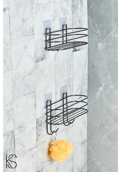 Buççin Online Mağaza Yapışkanlı Siyah 2li Banyo Düzenleyici Şampuanlık Sabunluk Oval Bayo Duş Rafı Organizer Metal Siyah Çok Renkli