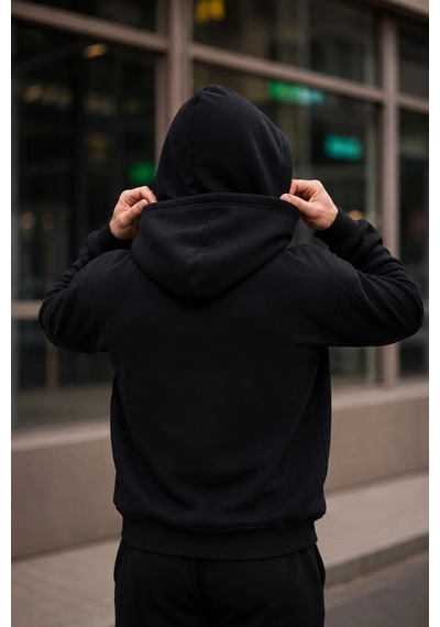 Barlashive Erkek 3 İplik Şardonlu Maskeli Ninja Model Çift Kapüşonlu Fermuarlı 4 Cepli Sweatshirt- Siyah Çok Renkli