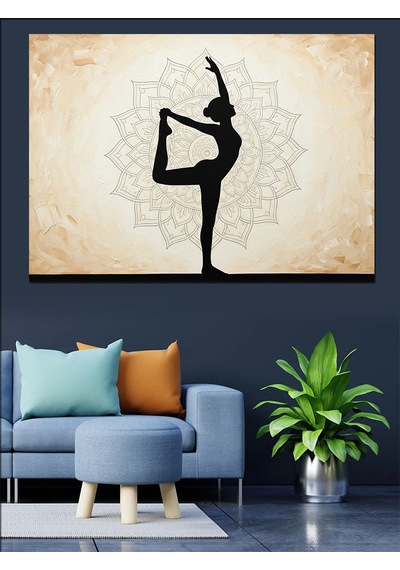 Yoga Yapan Kadın Silüeti Lotus Deseni Arka Plan Dekoratif Kanvas - Mdf Ahşap Tablo