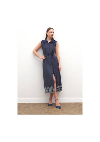 Sateen Nakış Detaylı Uzun Elbise - Lacivert-137169 Lacivert