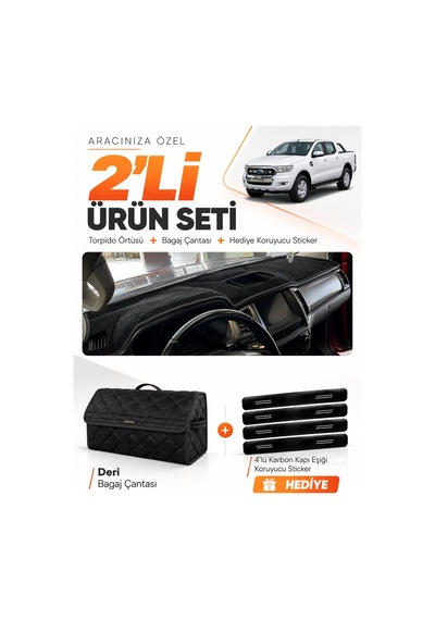 E-biz Ford Ranger 2018-2019 Uyumlu Torpido Örtüsü + Deri Bagaj Çantası Seti - Siyah - Fo015