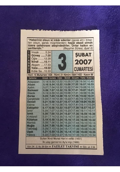 3 Şubat 2007 Takvim Yaprağı - Nostalji Koleksiyonluk Takvim Yaprağı