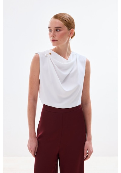 Sateen İnci Broşlu Degaje Bluz - Ekru-136739 Ekru