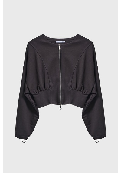 Itsbasic Kadın Siyah Renk W5-1 Bol Kesim Örme Esnek Kumaş Oversize Fermuarlı Sweatshirt