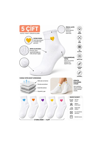 Worthy Socks 5'li Kalp Desenli Patik Bilek Çorap 5 Çift Beyaz