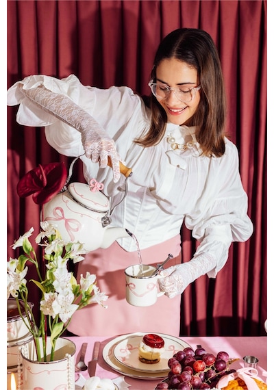 Rebel Bow Kurdele Desenli Emaye Vintage Kettle Fildişi